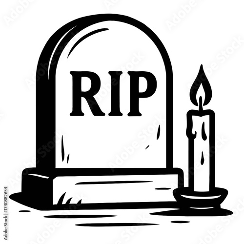 Striking black and white vector illustration of a classic RIP gravestone monument accompanied by a solemnly flickering candle, symbolizing remembrance, death, mourning, Halloween, and memorial, ideal