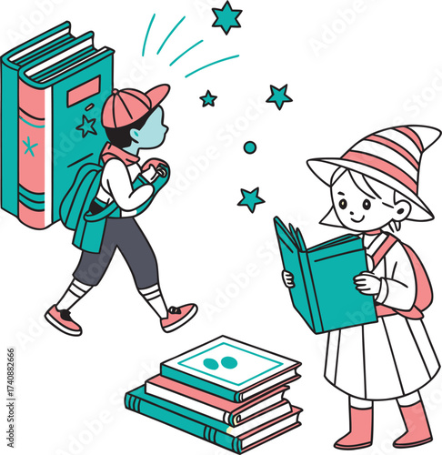 Boy and girl reading book cartoon illustration vector.