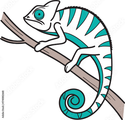 Cute cartoon chameleon and lizard characters on branch vector illustration.