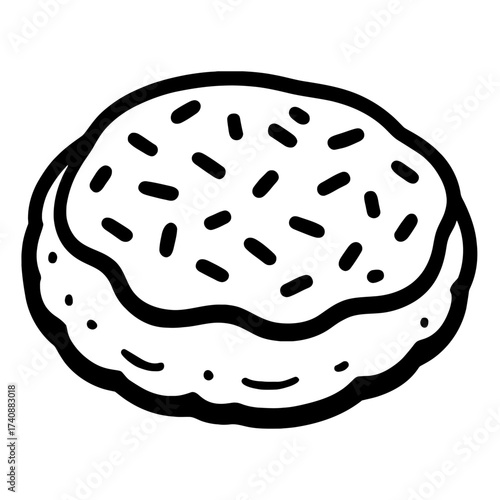A charming hand-drawn outline illustration depicting a delectable round cookie or biscuit generously topped with playful sprinkles, an ideal graphic for sweet treats, dessert menus, bakery icons, snac