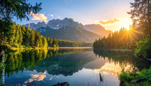 Fototapeta Naklejka Na Ścianę i Meble -  Scenic Mountain Lake Reflection at Sunset with Forest and Sky in Golden Light Tranquil Landscape with Vivid Colors and Mountain Peaks
