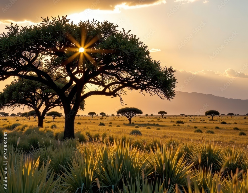 Obraz premium Golden sunlight bathes the African savanna, acacia trees silhouetted against a vast expanse of tall grass, a serene and picturesque landscape, wildlife, scenery
