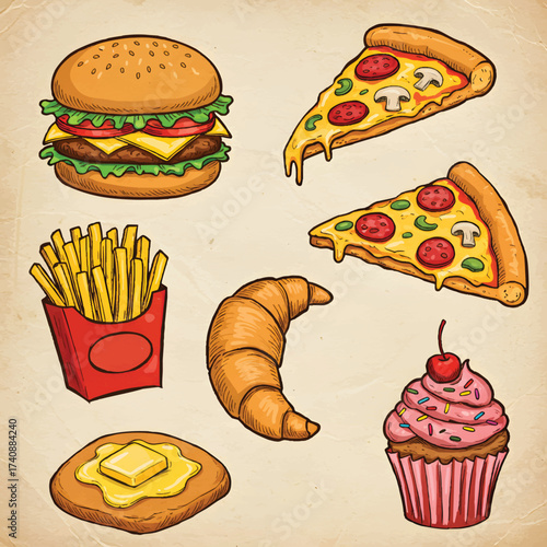 Collection of delicious fast food items including burgers, pizza, fries, croissant, cupcake, and pastry