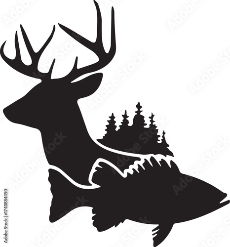 Vector art of deer and fish silhouette with forest