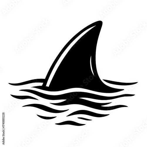 Sleek and ominous shark fin emerging from the choppy ocean waves, a powerful symbol of marine predators and ocean danger. This striking black and white vector illustration vividly captures the essence
