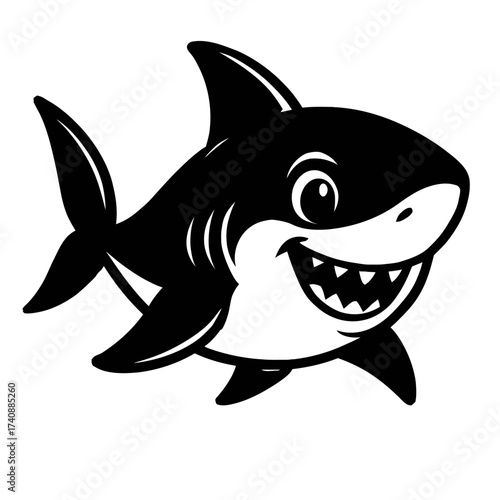 Charming cartoon shark illustration featuring a happy, toothy smile and playful eyes, presented in a crisp black and white silhouette design. Ideal for kids' projects, playful branding, ocean themes,