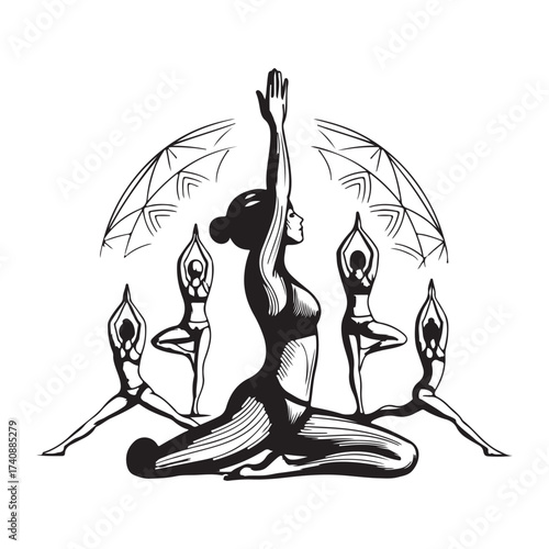 Yoga poses silhouette vector line art design. 