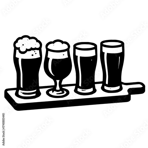 Stylized black and white vector illustration of a classic beer flight featuring four distinct glasses filled with various brews, presented on a rustic wooden paddle, perfect for craft beer tasting eve