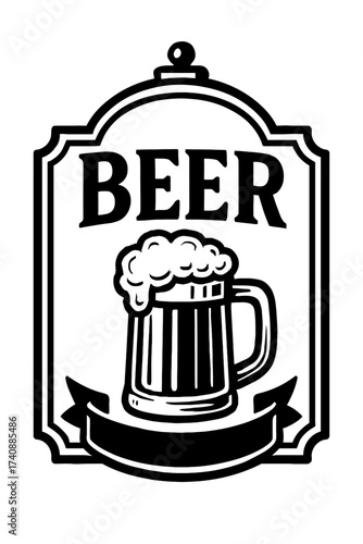 Vintage Beer Pub Sign Emblem: Classic Black & White Illustration of a Frothy Beer Mug with Bold "BEER" Text, Perfect for Brewery Logos, Bar Decor, Alehouse Branding, and Tavern Art - Retro Styled Labe