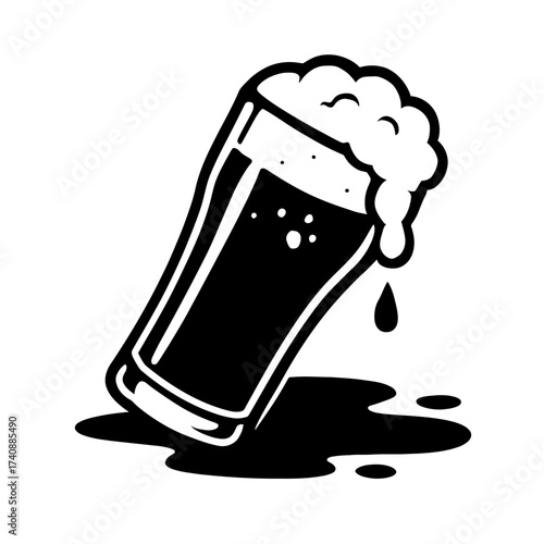 Black and white vector illustration of a tilted beer glass overflowing with frothy foam and dark liquid, spilling into a puddle. A fun, cartoon-style depiction of a beverage mishap, ideal for pub, bar