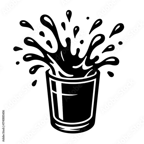 Dynamic black and white vector illustration depicting a vigorous liquid splash erupting from a glass cup, showcasing energetic movement and bold contrast. Perfect for graphic design, beverage branding