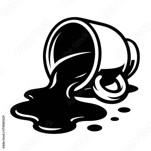 Monochromatic vector illustration of an overturned ceramic mug spilling a dark, viscous liquid, creating a dramatic black puddle and small splatters, symbolizing accidents, mistakes, or a sudden loss.
