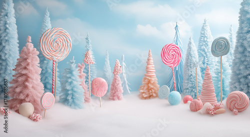 christmas candyland christmas trees in the snow with candy canes and marshmallows on a blue background