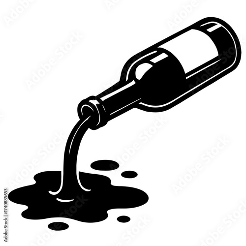 Black bottle spills dark liquid onto white surface, forming a puddle. Vector illustration captures spillage, waste, accident, or dispensing. Clean, minimalist, high-contrast graphic design, ideal for