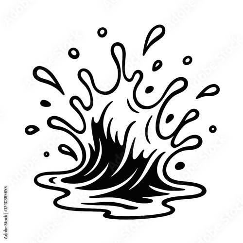 Dynamic Hand-Drawn Water Splash Illustration with Fluid Motion and Droplets – A Monochromatic Vector Art Design Perfect for Refreshing Brand Elements, Aquatic Themes, and Energetic Visual Content in D