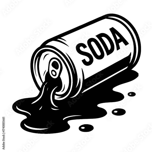 Monochrome vector illustration featuring a classic soda can, tipped on its side, with its contents, a dark fizzy liquid, spilling out to form a flowing puddle and scattered drops. Ideal for retro beve