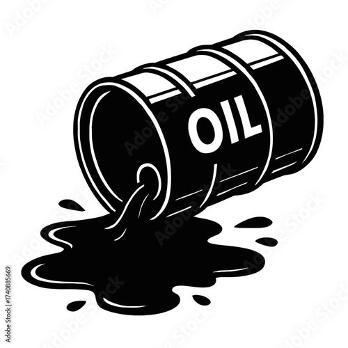 Monochrome vector of 'OIL' barrel tipped over, spilling crude liquid. Symbolizes environmental pollution, ecological damage, industrial hazards, energy crisis, fossil fuel impact, and global resource