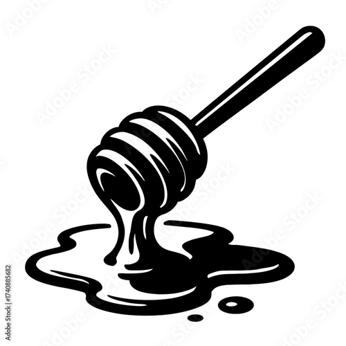 Black and white vector illustration of a honey dipper dripping golden, viscous honey onto a clean surface, forming a sweet puddle. Perfect for food, breakfast, organic, natural, kitchen, dessert, and