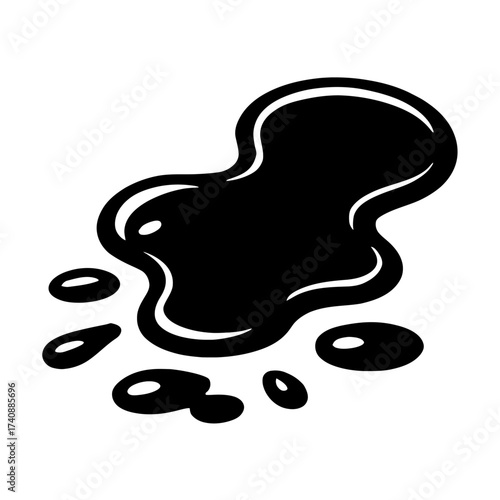 Stylized black liquid blob vector illustration, showing an irregular puddle with several scattered drops. Perfect for depicting ink blots, oil spills, paint splashes, tar residue, or abstract fluid sh