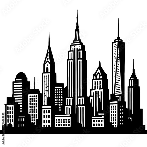 Iconic New York City Skyline Silhouette Art: Capturing the Majestic Architectural Grandeur of Famous Skyscrapers like the Empire State Building, Chrysler Building, and One World Trade Center in a Stri