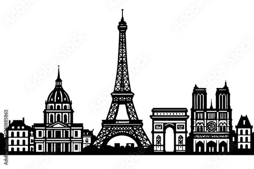 Parisian Cityscape Silhouette Vector Art: Iconic landmarks including the Eiffel Tower, Notre Dame, Arc de Triomphe, & Les Invalides, presented in a crisp black & white illustration. Ideal for travel,