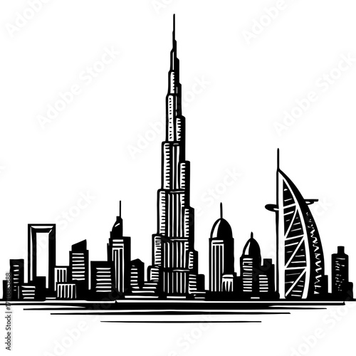 Monochrome vector art of Dubai's iconic skyline: Burj Khalifa and Burj Al Arab stand tall among modern architectural marvels. This striking black & white illustration captures the UAE's urban grandeur