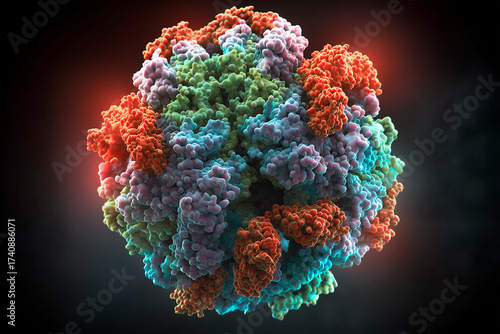 Molecular visualization of a viral nucleocapsid protein, showing multicolor surface domains. Associated with gastroenteritis, enteric viruses like norovirus and rotavirus
