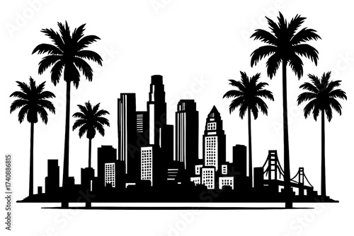 Black silhouette of a dynamic city skyline with towering skyscrapers, iconic palm trees, and a prominent suspension bridge, reminiscent of Los Angeles. This versatile urban landscape artwork is perfec