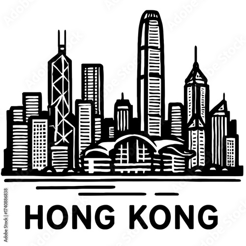 Iconic Hong Kong Skyline Vector Art: Capturing the Dynamic Urban Landscape with Famous Skyscrapers like IFC and Bank of China Tower, a Striking Black and White Cityscape Design for Travel, Architectur