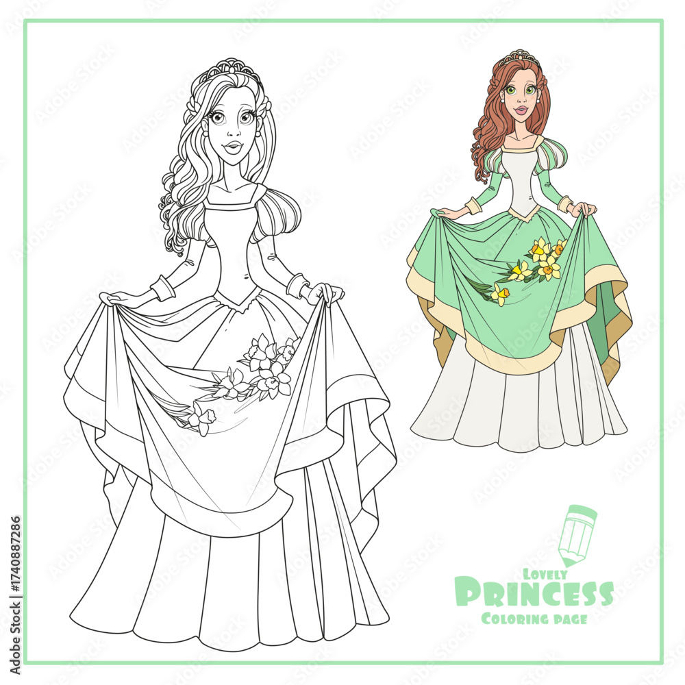 Fototapeta premium Beautiful princess with curly hair holds in her dress daffodils color and outlined isolated on white background