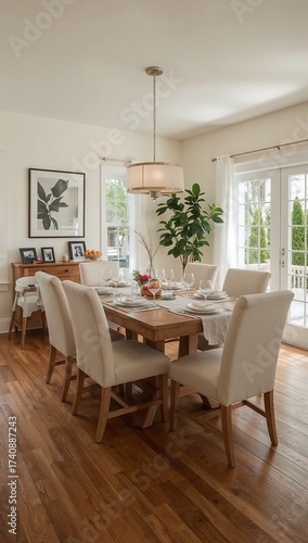 Luxury dining room with wooden table and chairs. Nobody inside