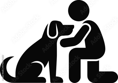 Black Silhouette Icon of a Person Kneeling and Comforting a Dog, Symbolizing Pet Ownership, Animal Love, Veterinary Care, or Therapy Service Dog.