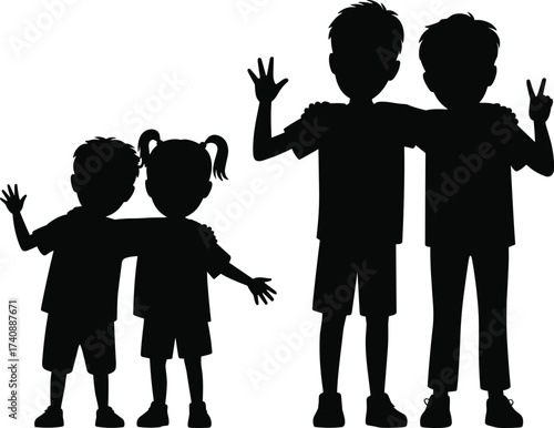 Black Silhouette Set of Four Children Hugging, Two Younger Kids and Two Older Teens Showing Friendship, Cartoon Vector Illustration of Youth and Unity.