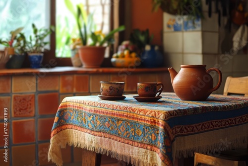 Warm Latin American Kitchen with Handmade Ceramics and Terracotta Tiles