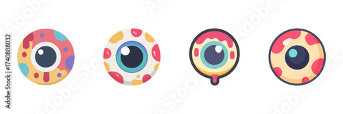 Creepy Eyeball Halloween Icon Set, Cartoon Monster Eyes With Veins And Scary Expressions Isolated On Transparent Background