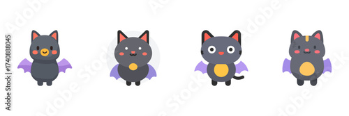Cute Bat Cats With Purple Wings Icon Set. Adorable Hybrid Creatures For Halloween. Isolated Vector Illustration