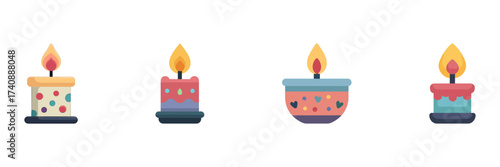 Halloween Candle Icon Set, Cute Cartoon Wax Candles With Burning Flame And Decorative Elements Isolated On Transparent Background