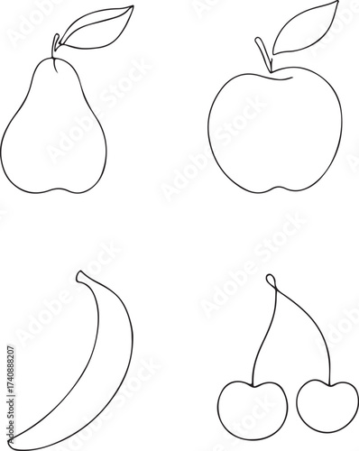 Vector illustration of a fresh, ripe pear and a set of fruits including an apple, lemon, and banana for a healthy food icon design