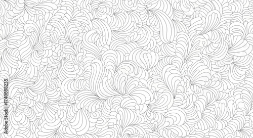 Intricate Abstract Swirls and Petal-like Forms in a Monochrome Line Art Pattern
