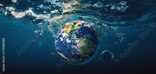 The Earth Submerged in Water With Splashing Bubbles and Rippling Ocean Surface