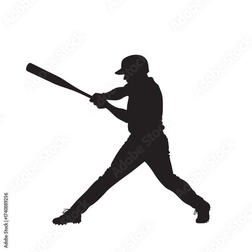 A dynamic black silhouette of a baseball player in mid-swing, holding a bat against a white background.