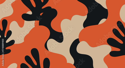 Minimalist abstract background featuring organic blob shapes in a contemporary color palette of orange, black, and beige. Seamless vector pattern design for modern decor