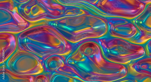 Mesmerizing iridescent abstract fluid surface background. Dynamic holographic liquid texture with undulating organic forms and a radiant color spectrum