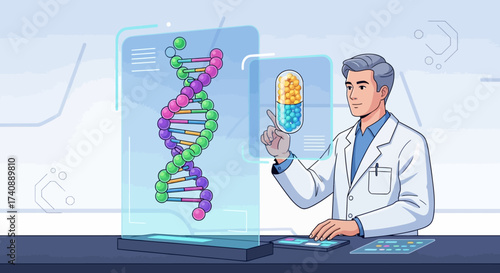 Scientific Innovation Scientist Examining DNA Helix and Pharmaceutical Capsule on Interactive Display