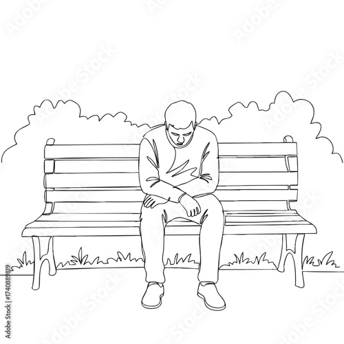 One line drawing of a lonely man sitting on a park bench feeling depressed and sad