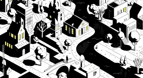 An isometric illustration of a stylized European town with a river flowing through it, featuring minimalist buildings and trees under a dark sky