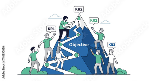 Collaborative business team ascending a strategic mountain objective, achieving key results through teamwork and a structured approach to success