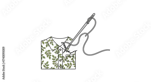 Minimalist line art illustration depicting the act of ironing a stylish green leaf-patterned shirt, symbolizing domestic chores, garment care, and neatness in everyday household tasks