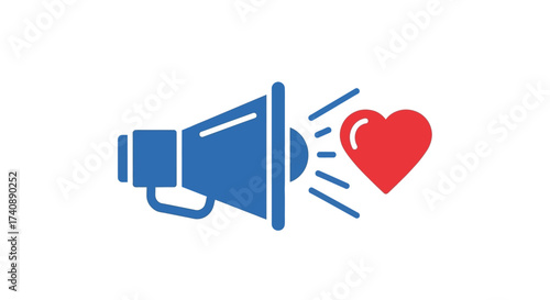 Blue megaphone with sound waves broadcasting a red heart, symbolizing love, passion, and communication