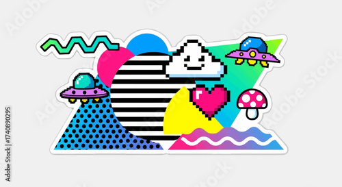 Retro 80s Style Graphic Design with Aliens, Hearts, and Geometric Shapes